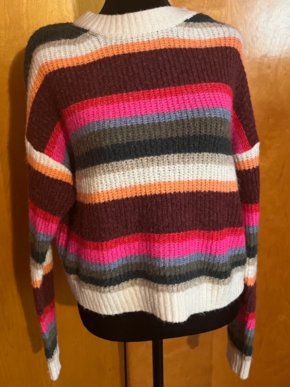 American Eagle Small Striped Crewneck Sweater in Burgundy, Hot Pink & Cream